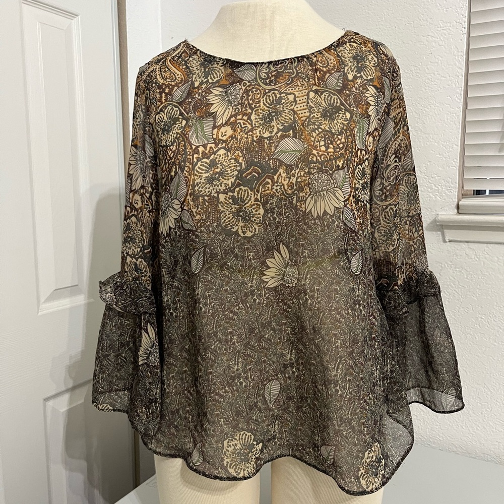 ZARA Paisley Brown Sheer Blouse Ruffle Bell Sleeves Size Medium Fairy 70’s flare